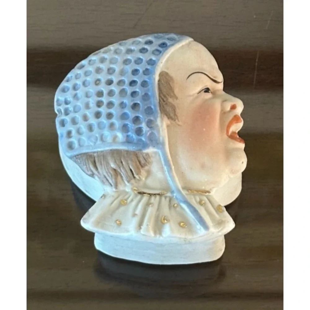 Antique Bisque Porcelain Figural Child‎ Yelling Bonnet Trinket Box German Unmark